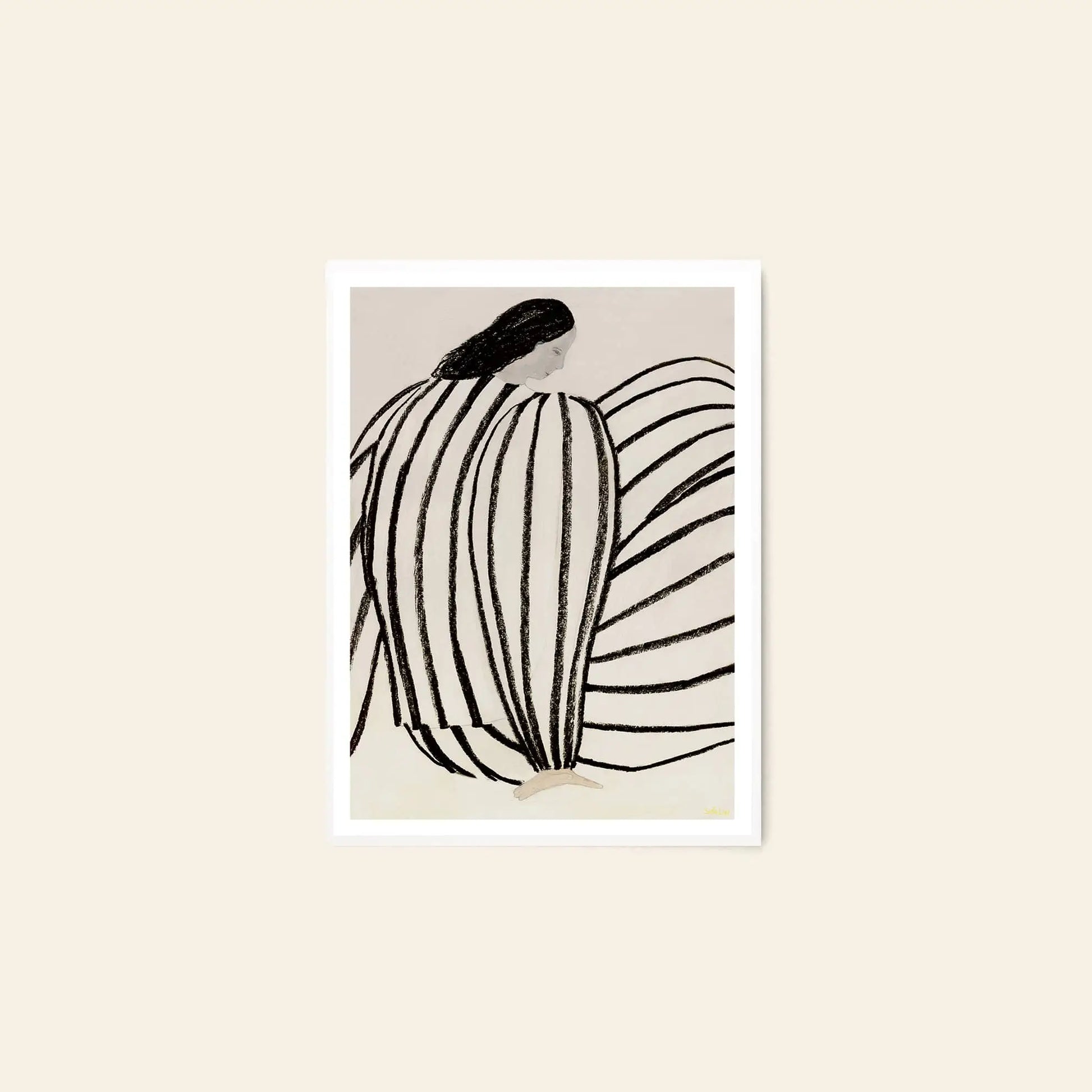 The Poster Club Berit Mogensen Lopez - Improvise (50x70) is a minimalist art print with a bold, striped figure on a light background and is ideal for those who love The Poster Clubs curated Scandinavian style. Framed in white.