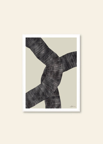 Studio Paradissi - Abstract 697 (30x40) by The Poster Club features two black textured bands overlapping on a beige background, enhanced with thin horizontal lines for depth. Framed with a white mat and frame, this giclée print reflects Scandinavian design.
