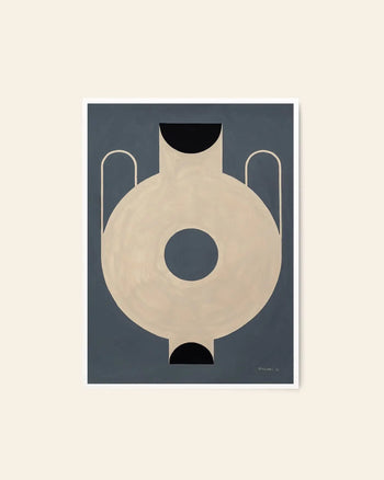 The Poster Club Studio Paradissi - Circular Vase (50x70): Minimalist abstract art featuring a beige symmetrical shape with a central hole, dark gray background, black semicircles, and U-shaped lines. Fine art giclée print for archival conservation.
