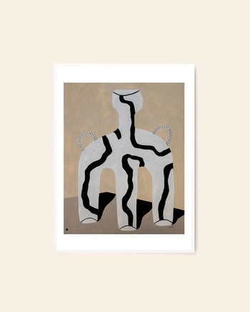The Poster Club Studio Paradissi - Veins 01 (50x70) art print showcases a gray four-legged figure with black wavy lines and circles on beige, giclée printed and white framed, displayed against an off-white wall.