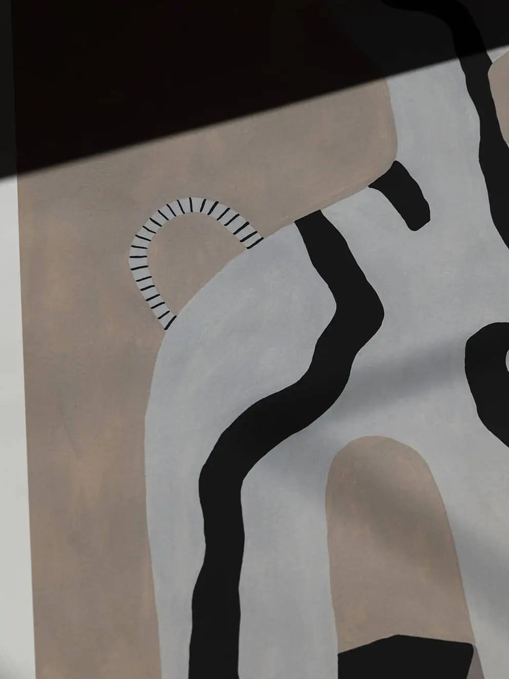 Studio Paradissis Veins 01 (50x70) giclée print from The Poster Club features wavy black and white lines forming arches on a beige background, with a partial striped semicircle left and a shadow across the upper part.