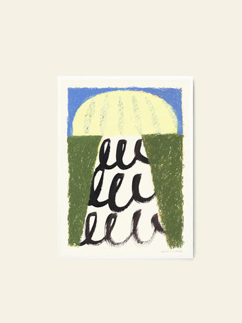 The Poster Club Suzanne Lustig - Energize (50x70) art print features green curtain-like forms framing a yellow dome above swirling black lines on white, topped with a blue sky. Available from The Poster Club.