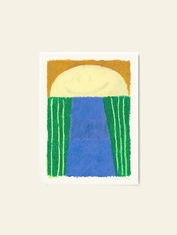 Laughing Jim (50x70) by Suzanne Lustig for The Poster Club is an abstract art print featuring a yellow semicircle over a blue trapezoid with green vertical stripes on white, evoking a stylized sun, river, and grass.