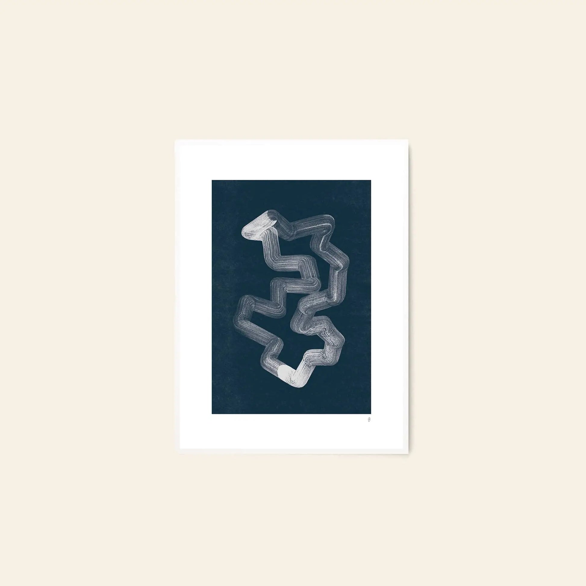 The Poster Club Anna Mörner - Statue (50x70) is a minimalist art print with a white abstract zigzag brushstroke on dark blue, centered within a white mat and printed as a fine art giclée on premium paper.