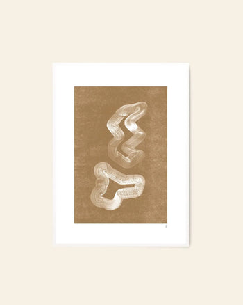 The Poster Club Tenna Elisabeth Studio - Lineshape 03 (50x70) art print features abstract wavy white lines on a brown textured background, displayed in a white mat and frame against a beige wall.