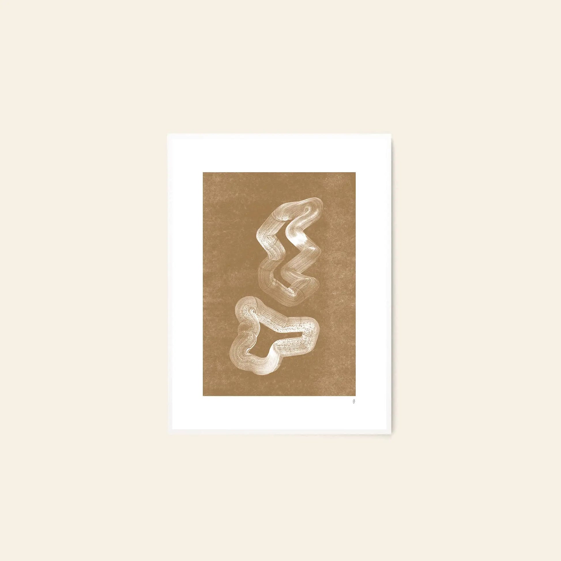 The Poster Club Anna Mörner - Statue (50x70) is a minimalist giclée art print with two abstract white shapes on a textured light brown background, centered in a white mat and set against beige, printed on premium art paper.