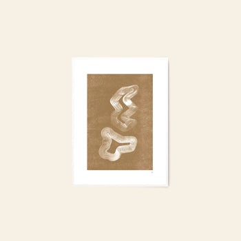 The Poster Club Anna Mörner - Statue (50x70) is a minimalist giclée art print with two abstract white shapes on a textured light brown background, centered in a white mat and set against beige, printed on premium art paper.