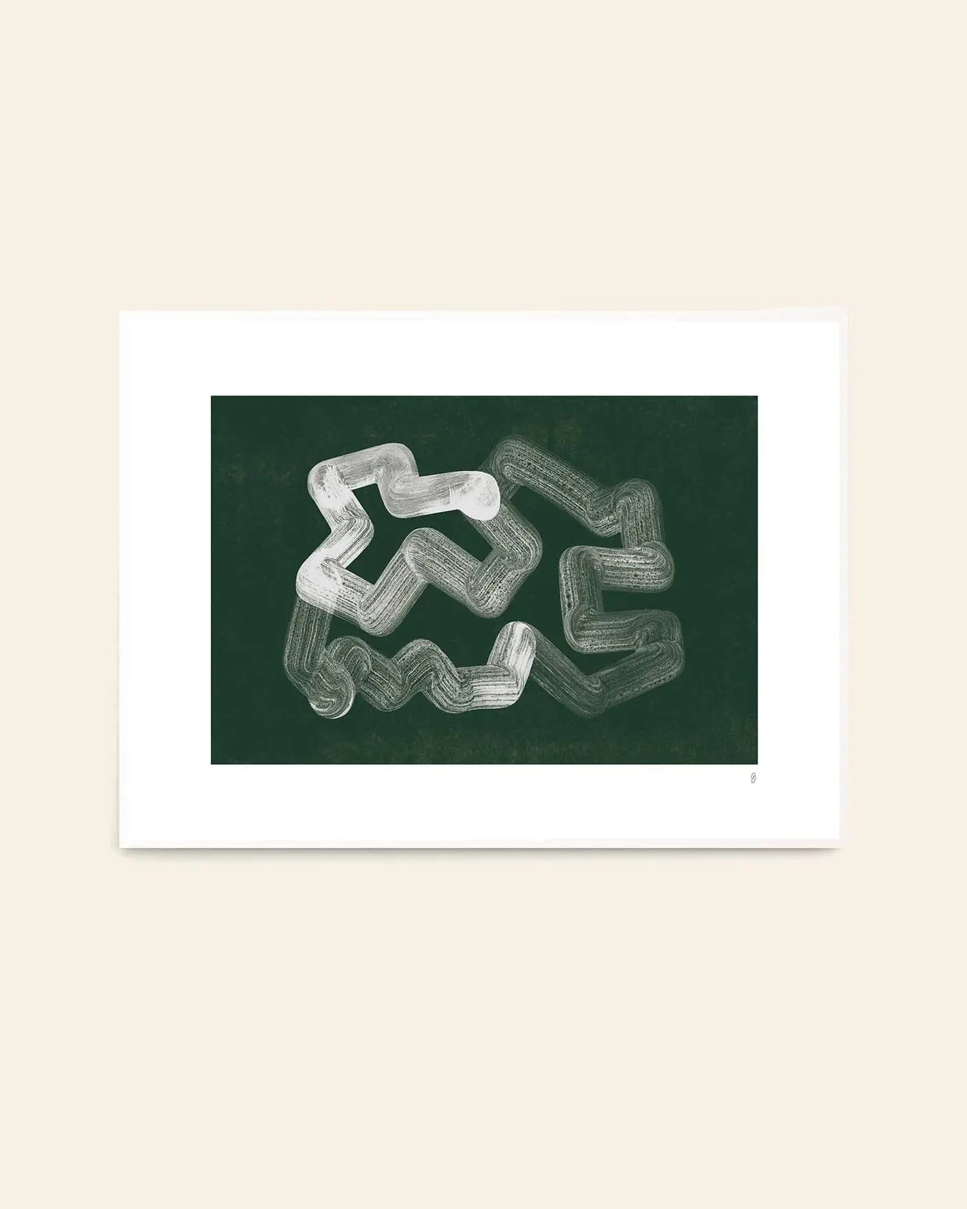 The Poster Club Tenna Elisabeth Studio - Lineshape 05 (50x70) features looping white brushstrokes on dark green, centered in a white mat and frame against a beige wall. Brand: The Poster Club.