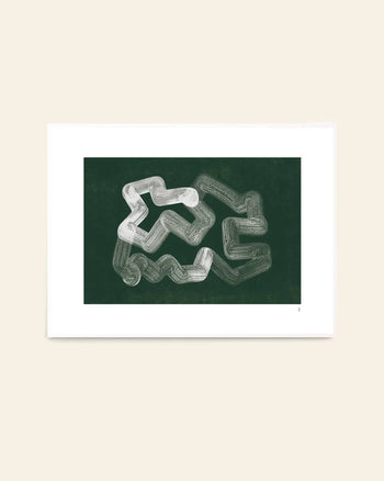 The Poster Club Tenna Elisabeth Studio - Lineshape 05 (50x70) features looping white brushstrokes on dark green, centered in a white mat and frame against a beige wall. Brand: The Poster Club.