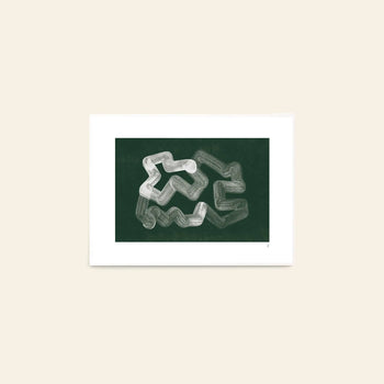The Poster Club Anna Mörner - Statue (50x70) features abstract white zigzag and wavy lines on dark green, centered in a white mat with a beige backdrop. This premium art paper giclée print ensures lasting quality. Brand: The Poster Club.