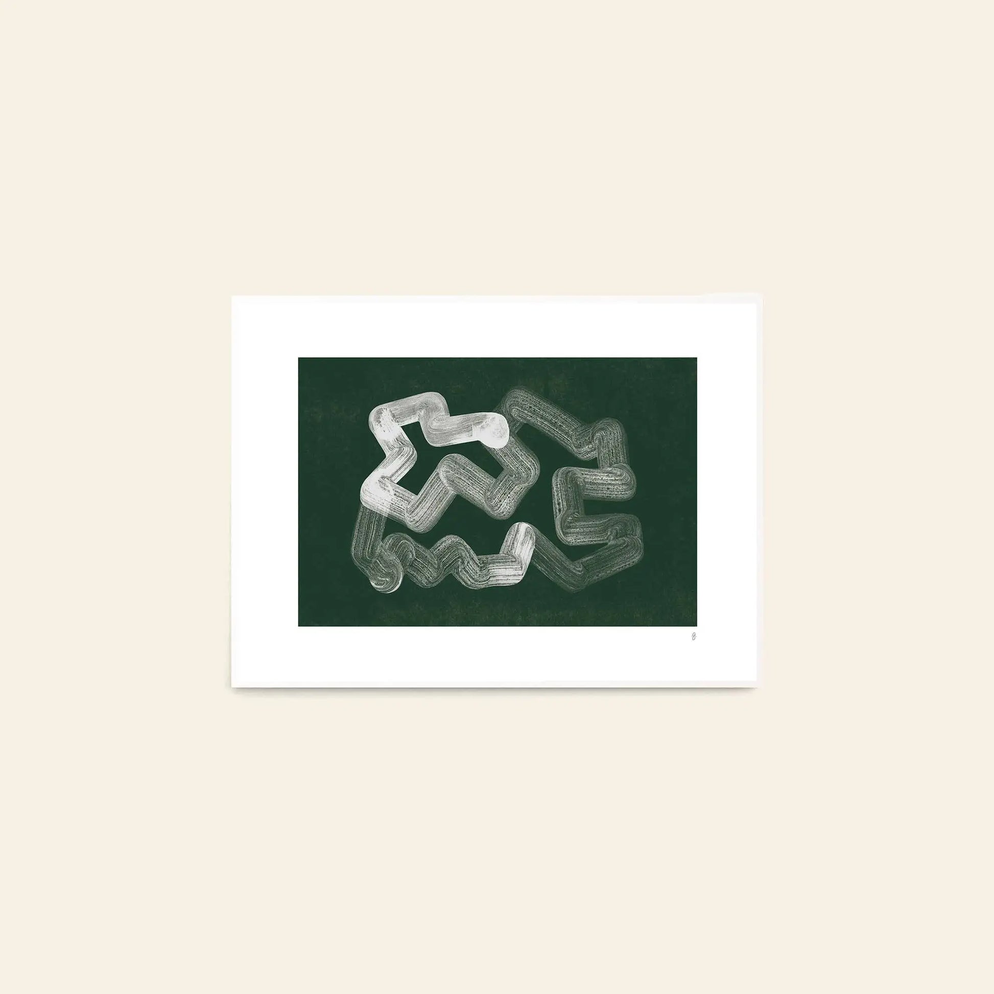 The Poster Club Anastasia Krasilnikova - Jaguar 01 (50x70) art print features white brushstroke squiggles and shapes on a dark green background, centered on a white mat with a light beige backdrop. From The Poster Club.