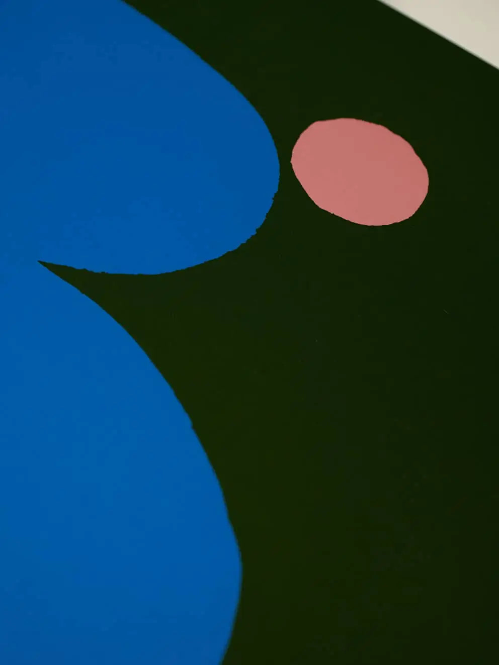 Bold abstract artwork by Wensi Zhai for The Poster Club, featuring a large blue shape, pink moon, and black background. Fat Tree Pink Moon (50x70) is a modern giclée print—perfect for contemporary interiors.
