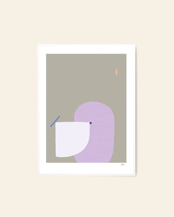 The Poster Club Wensi Zhai - I Like Shapes 08 (50x70) is a minimalist abstract Giclée print with a light beige background, lavender oval, white shape, blue line, and vertical orange rectangle—ideal for elevating any space.