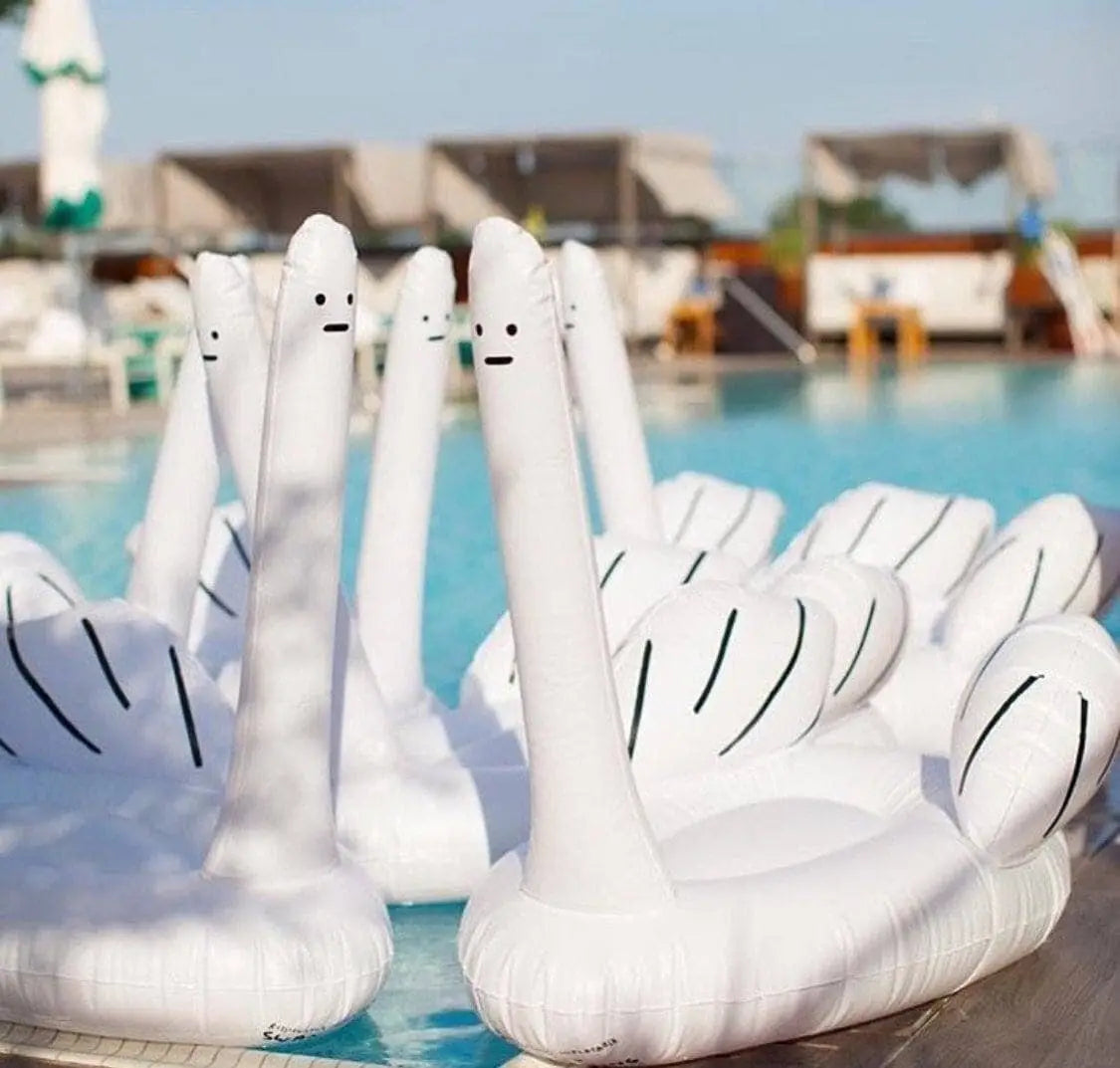 Several Third Drawer Down David Shrigley - Ridiculous Inflatable Swan-Thing pool floats with long necks and black facial features drift in a pool, while lounge chairs from Third Drawer Down are seen poolside in the background.