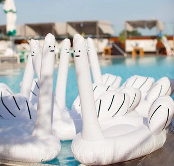 Several Third Drawer Down David Shrigley - Ridiculous Inflatable Swan-Thing pool floats with long necks and black facial features drift in a pool, while lounge chairs from Third Drawer Down are seen poolside in the background.