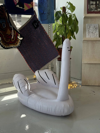The Third Drawer Down David Shrigley - Ridiculous Inflatable Swan-Thing sits indoors by a potted plant, rugs, and artwork, softly lit by sunlight from a window.
