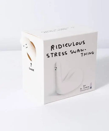 The Third Drawer Down David Shrigley - Ridiculous Stress Swan-Thing features quirky swan art and “LOOK” on its white box, making this unique stress toy a playful, stress-busting gift.