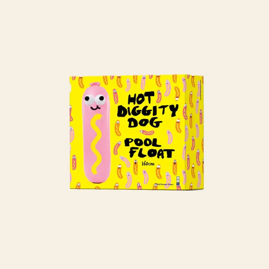 The Third Drawer Down Jon Burgerman - Hot Diggity Dog Pool Float features a smiling face and squiggly mustard on a 160cm yellow inflatable, perfect for summer parties. Box showcases playful hot dog art and bright branding from Third Drawer Down.