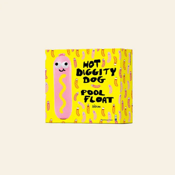 The Third Drawer Down Jon Burgerman - Hot Diggity Dog Pool Float features a smiling face and squiggly mustard on a 160cm yellow inflatable, perfect for summer parties. Box showcases playful hot dog art and bright branding from Third Drawer Down.