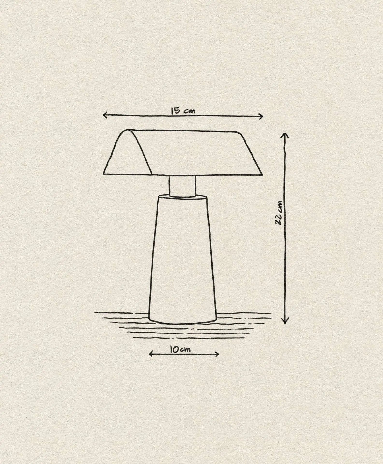 The &Tradition Caret MF1 Portable Table Lamp by &Tradition features a modern line drawing design with a 10 cm wide conical base, a 15 cm wide flat shade, and stands 22 cm tall.