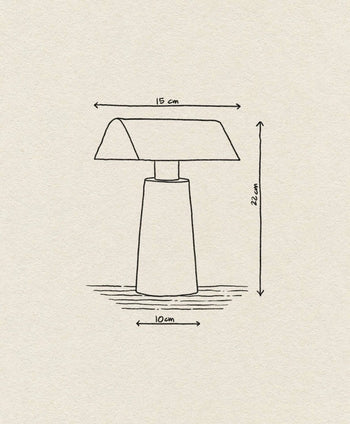 Line drawing of the &Tradition Caret MF1 Portable Table Lamp by &Tradition, featuring a modern design with a conical base (10 cm wide), curved rectangular shade, and overall dimensions of 15 cm wide by 22 cm tall.