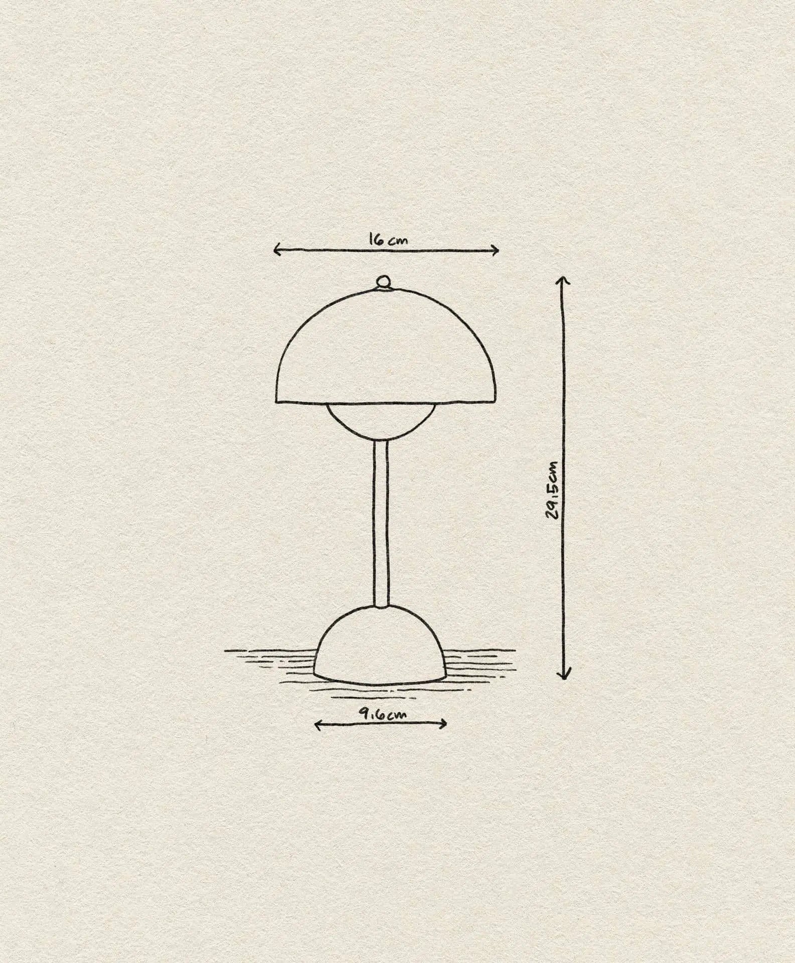 A line drawing of the &Tradition Flowerpot VP9 Portable Table Lamp shows it measuring 16 cm at the lampshade, 9.6 cm at the base, and 29.5 cm tall, atop a textured off-white background with a subtly illustrated USB charging cable.
