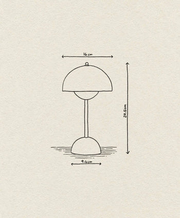 A line drawing of the &Tradition Flowerpot VP9 Portable Table Lamp shows it measuring 16 cm at the lampshade, 9.6 cm at the base, and 29.5 cm tall, atop a textured off-white background with a subtly illustrated USB charging cable.
