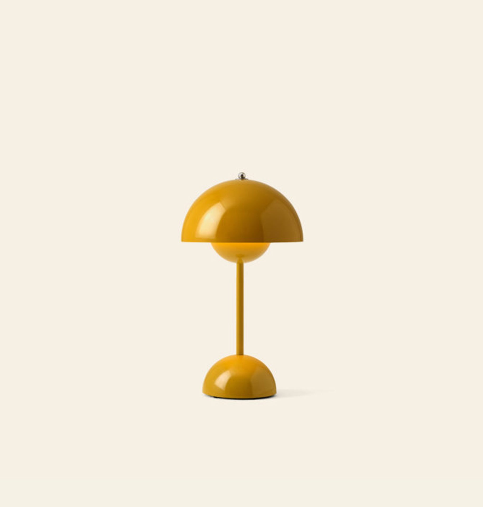 The &Tradition Flowerpot VP9 Portable Table Lamp features a modern yellow dome-shaped shade and base, minimalist symmetrical design, and comes with a USB charging cable—all by &Tradition—against a light beige background.