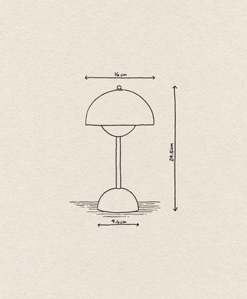 Minimalist line drawing of the &Tradition Flowerpot VP9 Portable Table Lamp—16 cm wide, 9.6 cm base, 29.5 cm tall—on a textured beige background. Features USB charging cable compatibility and portable design by &Tradition.