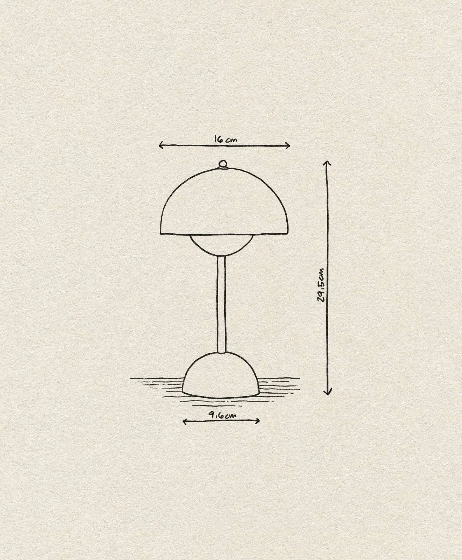 The &Tradition Flowerpot VP9 Portable Table Lamp is 29.5 cm tall with a dome-shaped shade (16 cm wide) and a base (9.6 cm wide). A simple line drawing shows measurements with arrows; USB charging cable included for convenience.