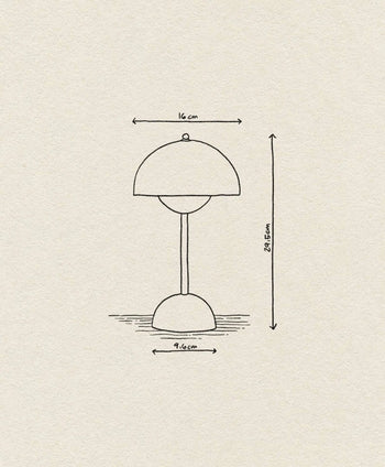 The &Tradition Flowerpot VP9 Portable Table Lamp is 29.5 cm tall with a dome-shaped shade (16 cm wide) and a base (9.6 cm wide). A simple line drawing shows measurements with arrows; USB charging cable included for convenience.