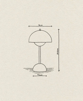 A simple line drawing of the &Tradition Flowerpot VP9 Portable Table Lamp with dome-shaped shade, labeled 16 cm wide, 29.5 cm tall, and 9.6 cm base, on a textured beige background. Includes USB charging cable for convenience.