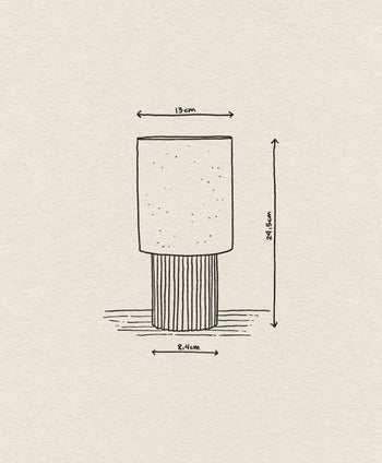The &Tradition Manhattan SC52 Portable Table Lamp features a hand-drawn, industrial design with a cylindrical form, dotted top, and lined base; it measures 13 cm wide, 24.5 cm tall, with an 8.4 cm wide base.