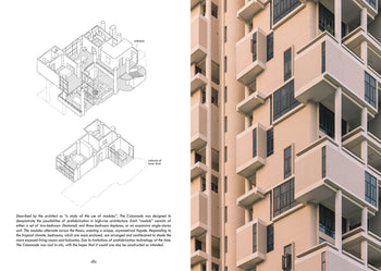 UNIT. A Glimpse Into Singapore’s 1970s - ’80s Private Apartments: The left page presents architectural plans and text, while the right showcases a modern Singapore apartment with box-shaped balconies inspired by 1980s design.