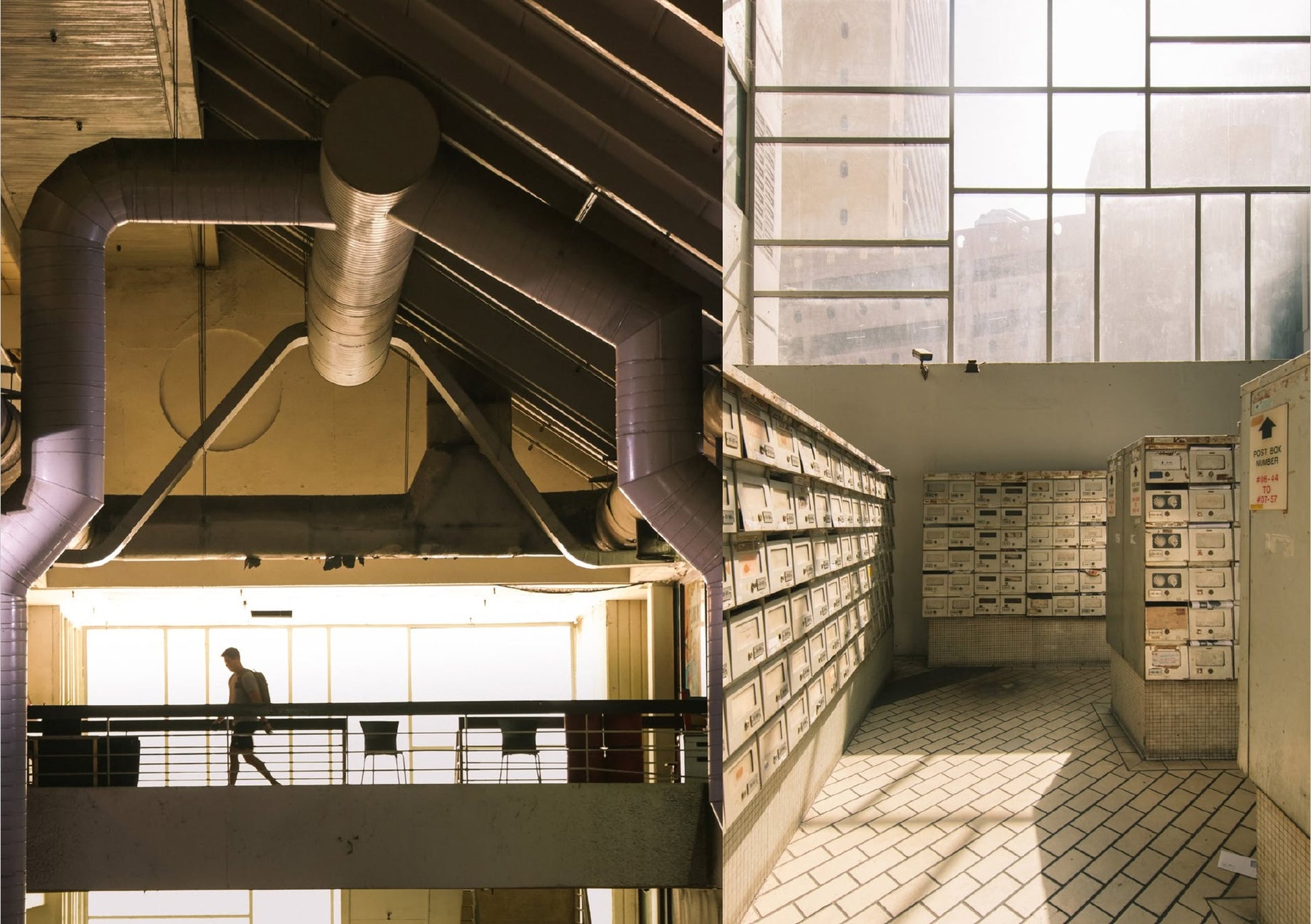 Split image from UNIT. Volume 2: Golden Mile Complex—left shows a silhouette on an indoor balcony with exposed pipes; right highlights sunlight flooding metal mailboxes and large windows, capturing the spirit of Golden Mile Complex.