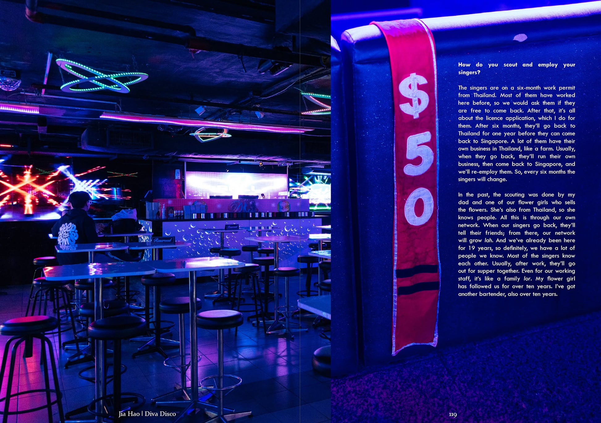 The nightclub scene from UNIT. Volume 2: Golden Mile Complex shows neon lights, empty tables, a bartender at the bar, and a $50 sign on a pole about singer scouting and pay. Brand: UNIT.