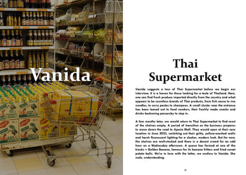 A shopping cart with bottled drinks and instant noodles is in front of shelves at Golden Mile Complex supermarket. Text beside the image introduces UNIT. Volume 2: Golden Mile Complex by UNIT. and features a person named Vanida.