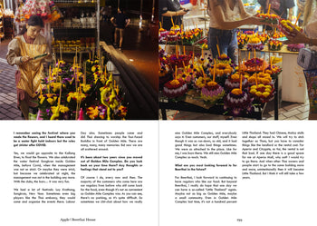 A young woman decorates a krathong at a night market stall for Loy Krathong, as colorful krathongs echo the architectural conversations featured in UNIT. Volume 2: Golden Mile Complex by UNIT.