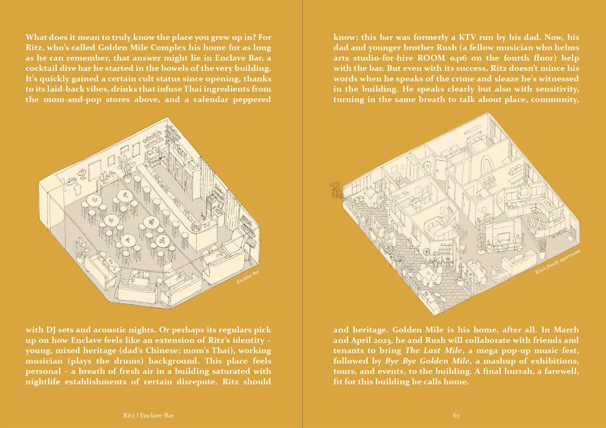 A two-page spread in UNIT. Volume 2: Golden Mile Complex by UNIT. presents text and illustrations—including a calendar and the cafe floor plan—sparking architectural dialogue in a space inspired by an iconic building.
