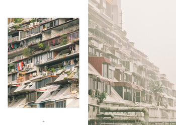Side-by-side photos from UNIT. Volume 2: Golden Mile Complex show the famous apartment’s stacked balconies—one image with greenery and laundry, the other highlighting its architecture in hazy light.
