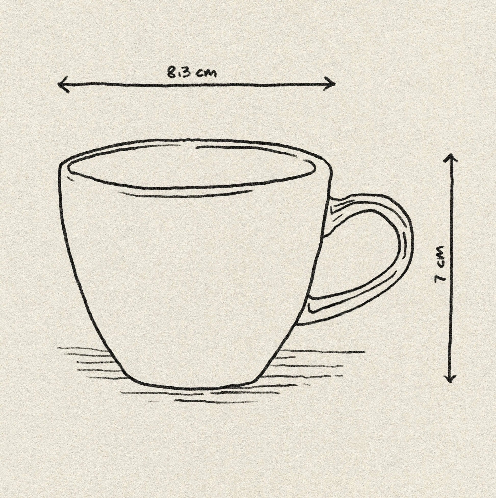 A simple line drawing of the Urban Nature Culture Good Morning Cup Mini (8.3 cm wide, 7 cm tall), with double-headed arrows above and beside the cup indicating its dimensions.