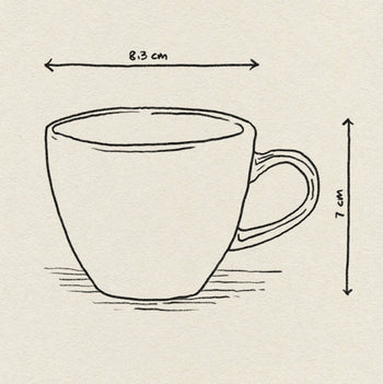A simple line drawing of the Urban Nature Culture Good Morning Cup Mini (8.3 cm wide, 7 cm tall), with double-headed arrows above and beside the cup indicating its dimensions.