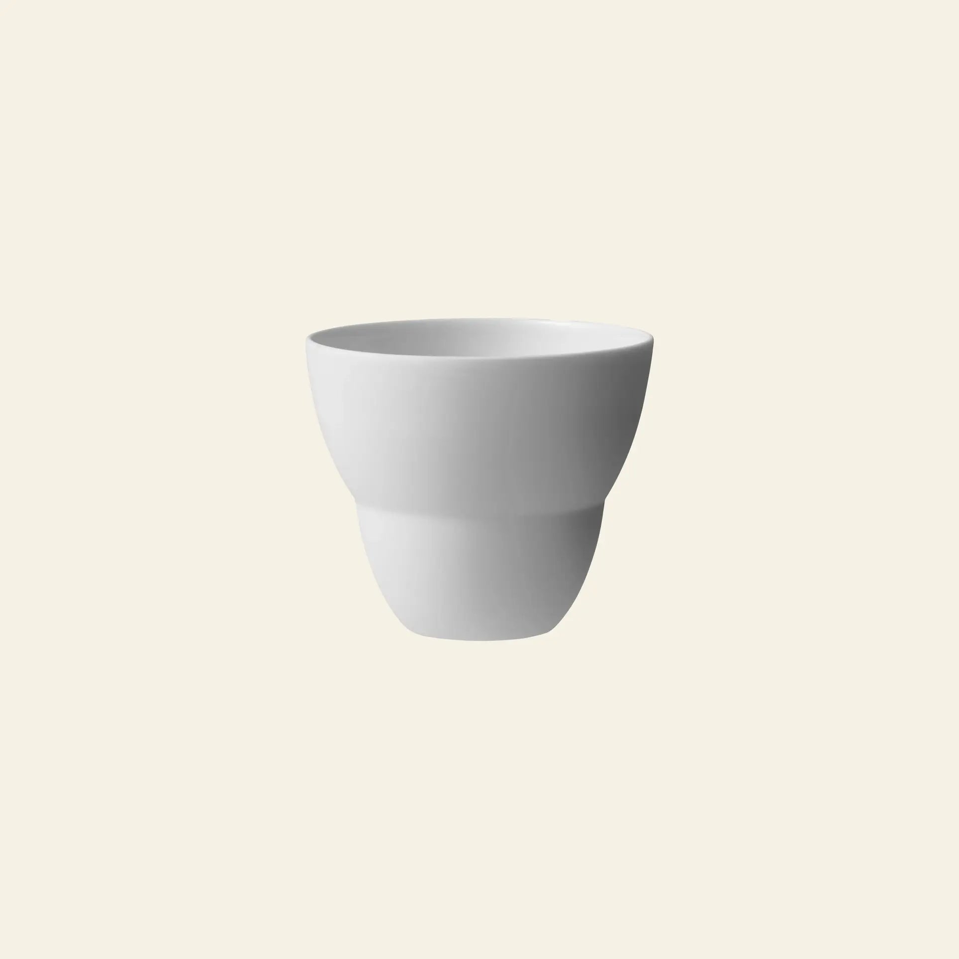 A set of two Vipp Vipp202 coffee cups by Vipp, crafted from high-quality porcelain with a smooth, minimalist design, is centered on a light beige background.