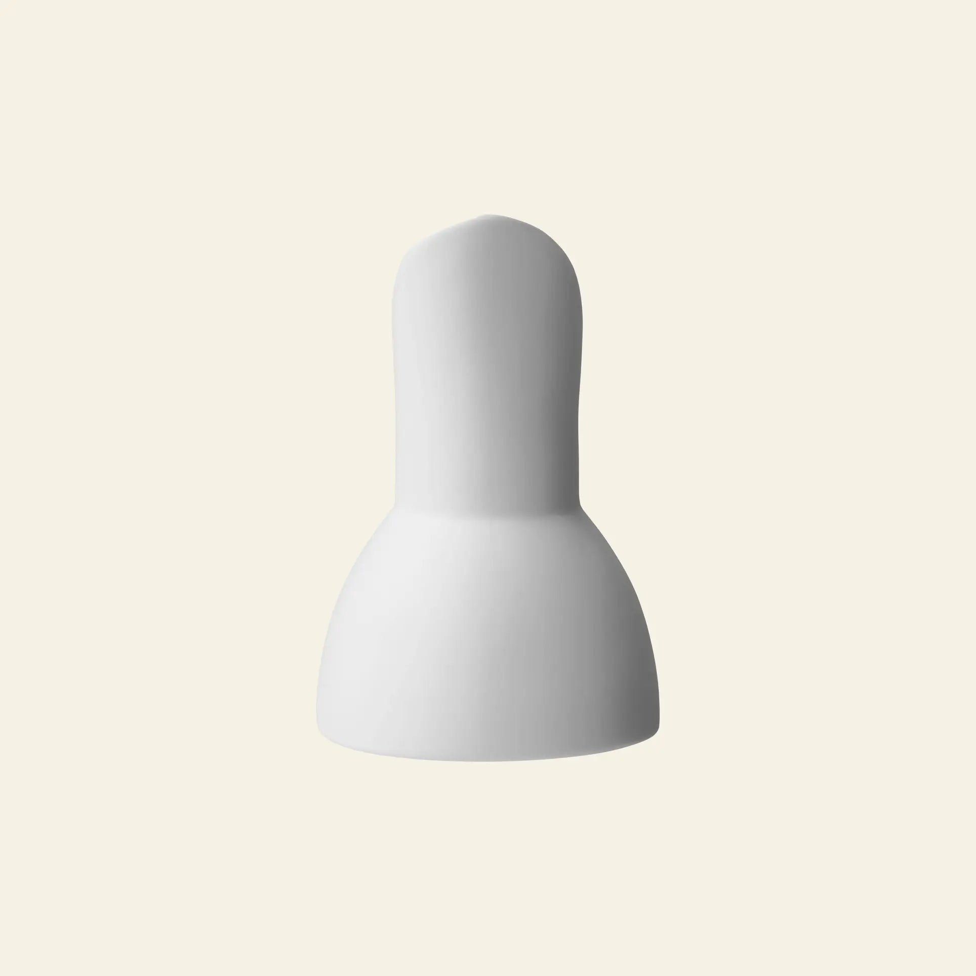 The Vipp Vipp205 Milk Jug by Vipp is a white, bulb-shaped jug with a rounded top, wide base, and unique tilted spout, shown against a plain light beige background.