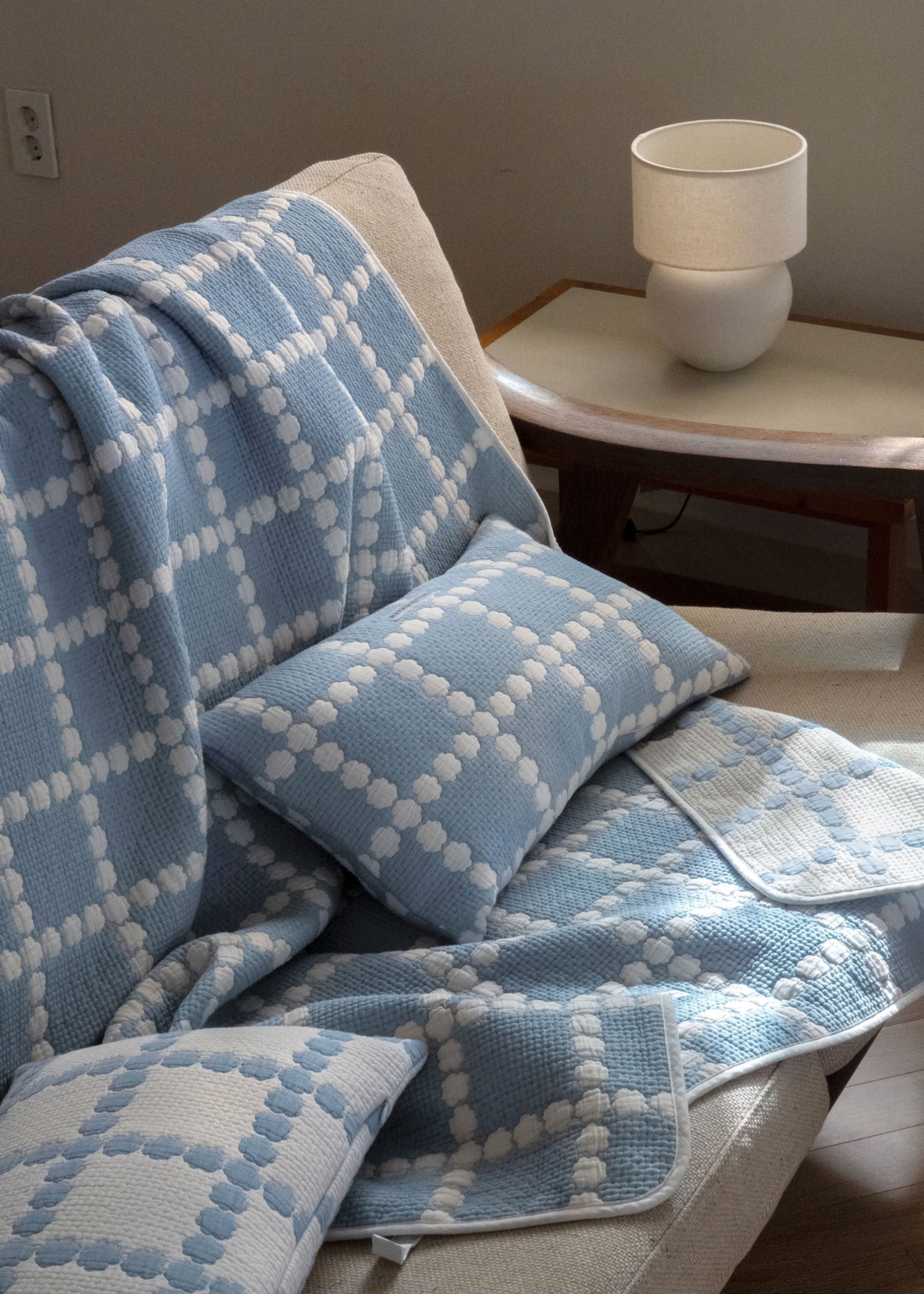WARMGREY TAIL Blossom Check Cotton Modal Blanket Blue