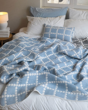 WARMGREY TAIL Blossom Check Cotton Modal Blanket Blue