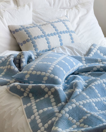 WARMGREY TAIL Blossom Check Cotton Modal Blanket Blue