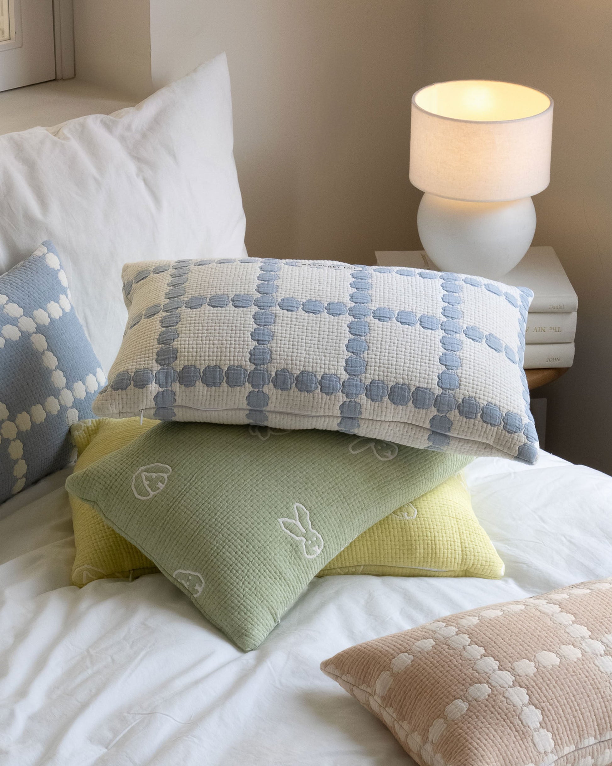 WARMGREY TAIL Blossom Check Cotton Modal Cushion & Pillow Case Blue Base