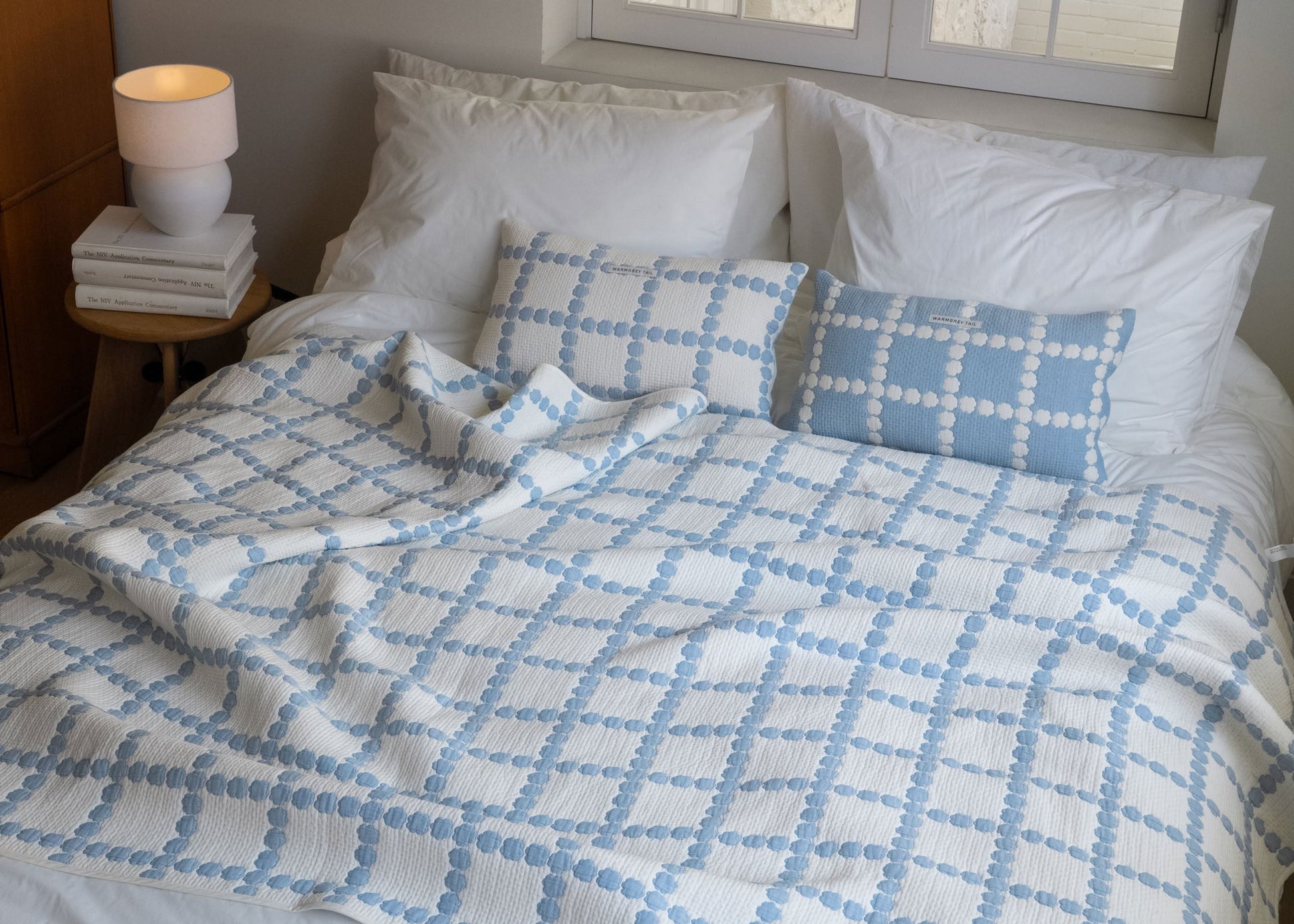 WARMGREY TAIL Blossom Check Cotton Modal Cushion & Pillow Case Blue Base