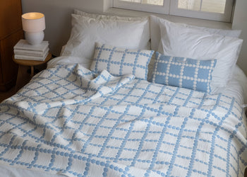 WARMGREY TAIL Blossom Check Cotton Modal Cushion & Pillow Case Blue Base